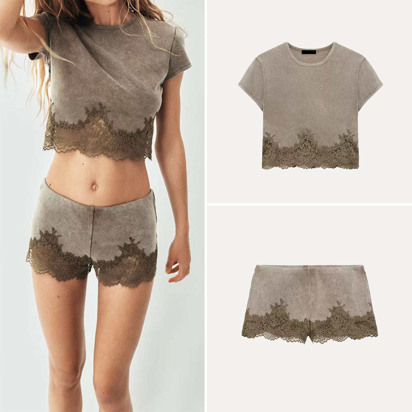 Womens Short Sleeve Lace Trim  - Wash Effect Set ulasan dan harga