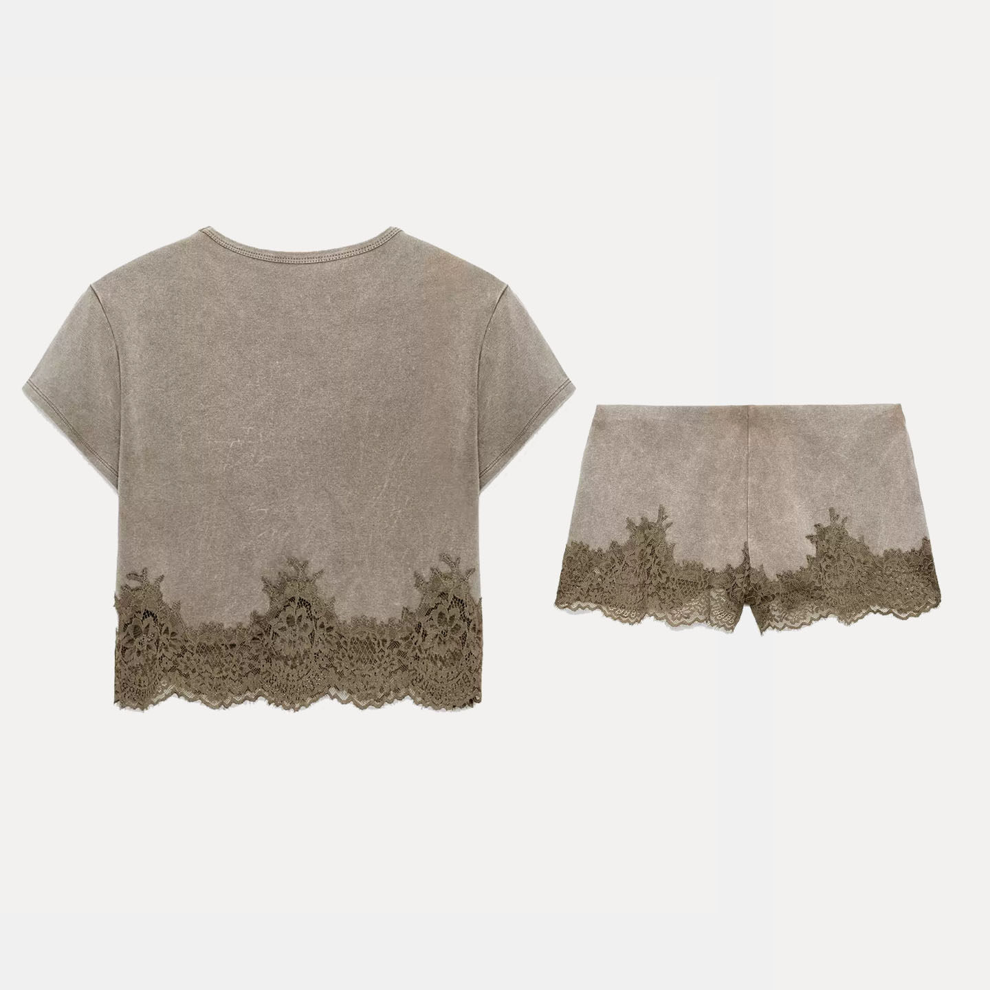 Womens Short Sleeve Lace Trim  - Wash Effect Set ulasan dan harga